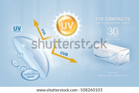 Eye contacts ads template, UV blocking contact lenses. Product ads and package design in 3d illustration. Eye contacts ads template, UV blocking contact lenses. Product ads and package design in 3d illustration.