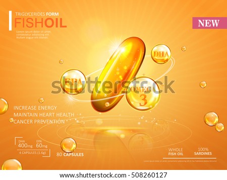 Fish oil ads template, omega-3 softgel isolated on chrome yellow background. 3D illustration. Fish oil ads template, omega-3 softgel isolated on chrome yellow background. 3D illustration.
