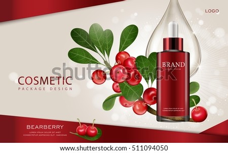 Bearberry cosmetic ads template, 3D illustration cosmetic mockup with ingredients on the background Bearberry cosmetic ads template, 3D illustration cosmetic mockup with ingredients on the background
