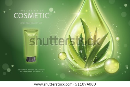 Aloe vera cosmetic template, 3D illustration cosmetic mockup with ingredients aloe vera and sparkling oil drop on the green background Aloe vera cosmetic template, 3D illustration cosmetic mockup with ingredients aloe vera and sparkling oil drop on the green background