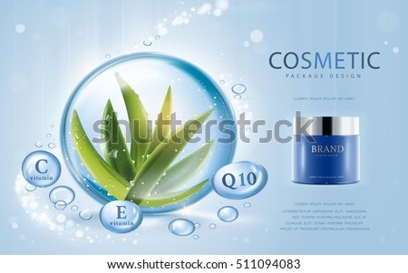 Aloe vera cosmetic template, 3D illustration cosmetic mockup with ingredients aloe vera in the water drop Aloe vera cosmetic template, 3D illustration cosmetic mockup with ingredients aloe vera in the water drop