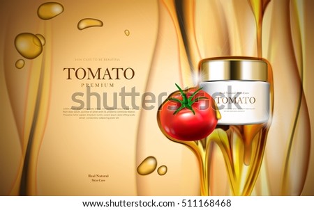 Tomato cosmetic ads, fresh tomato cosmetic package template with oil essence. 3D illustration. Tomato cosmetic ads, fresh tomato cosmetic package template with oil essence. 3D illustration.