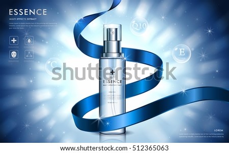Cosmetic ads template, moisturizing spray with blue ribbon and glitter elements on the background, 3d illustration Cosmetic ads template, moisturizing spray with blue ribbon and glitter elements on the background, 3d illustration