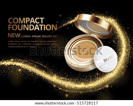 Attractive compact foundation ads, 3d illustration foundation product with glittering sequins or dust in the air Attractive compact foundation ads, 3d illustration foundation product with glittering sequins or dust in the air