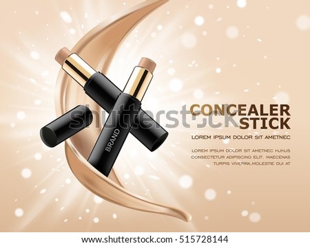 Concealer stick ads, 3d illustration foundation product with liquid foundation texture floating in the air Concealer stick ads, 3d illustration foundation product with liquid foundation texture floating in the air