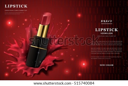 Glamour lipstick ads, 3d illustration lipstick with red liquid texture splash over the background Glamour lipstick ads, 3d illustration lipstick with red liquid texture splash over the background