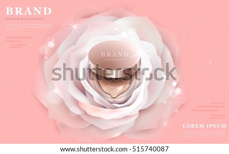 Graceful powder cushion ads, 3d illustration foundation product in the central of a romantic white flower Graceful powder cushion ads, 3d illustration foundation product in the central of a romantic white flower