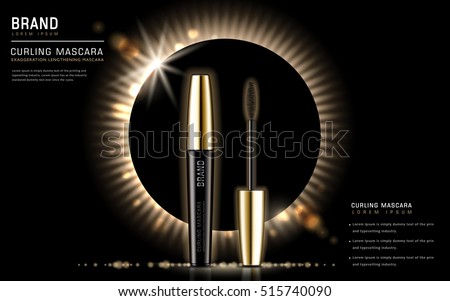 Curling mascara ads, 3d illustration mascara brush and its container isolated on eclipse background Curling mascara ads, 3d illustration mascara brush and its container isolated on eclipse background