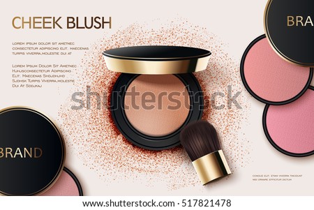 Cheek blush ads, 3d illustration cosmetic ads design with powder compact and brush Cheek blush ads, 3d illustration cosmetic ads design with powder compact and brush