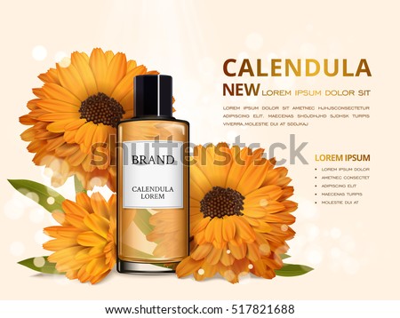 Calendula skin toner ads, 3d illustration cosmetic ads design with realistic flower Calendula skin toner ads, 3d illustration cosmetic ads design with realistic flower