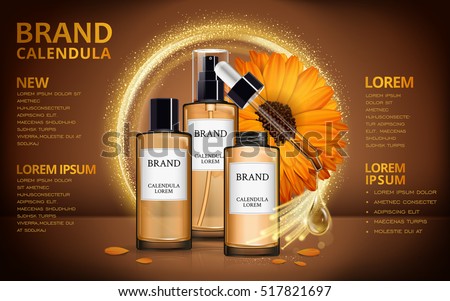 Calendula skin toner ads, 3d illustration cosmetic ads design with realistic design and sparkling effects Calendula skin toner ads, 3d illustration cosmetic ads design with realistic design and sparkling effects