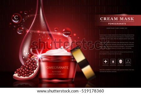 Pomegranate cream ads, attractive fruit ingredients with cosmetic package and essential oil drop, 3d illustration Pomegranate cream ads, attractive fruit ingredients with cosmetic package and essential oil drop, 3d illustration