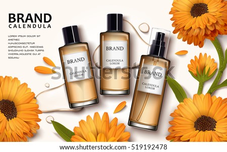 Calendula skin toner ads, 3d illustration cosmetic ads design with top view of products Calendula skin toner ads, 3d illustration cosmetic ads design with top view of products
