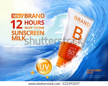 Sunscreen ads template, sunblock plastic tube riding the wave, big wave surfing, 3d illustration for ads or magazine Sunscreen ads template, sunblock plastic tube riding the wave, big wave surfing, 3d illustration for ads or magazine