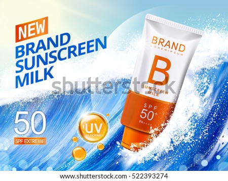 Sunscreen ads template, sunblock plastic tube riding the wave, big wave surfing, 3d illustration for ads or magazine Sunscreen ads template, sunblock plastic tube riding the wave, big wave surfing, 3d illustration for ads or magazine
