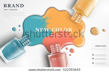Beautiful nail lacquer ads, top view of colorful nail polish splatter on white background, 3d illustration, vogue ads for design Beautiful nail lacquer ads, top view of colorful nail polish splatter on white background, 3d illustration, vogue ads for design