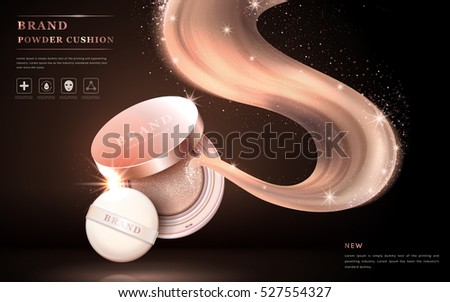 Attractive powder cushion ads, beautiful products with glitter particles decorations and foundation fly out from the powder. 3D illustration. Attractive powder cushion ads, beautiful products with glitter particles decorations and foundation fly out from the powder. 3D illustration.