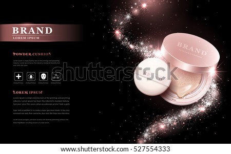 Attractive powder cushion ads, beautiful products with glitter particles streamline decorations. 3D illustration. Attractive powder cushion ads, beautiful products with glitter particles streamline decorations. 3D illustration.