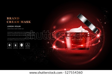 Cream mask ads, red packaging skincare product in 3D illustration, glitter particles elements Cream mask ads, red packaging skincare product in 3D illustration, glitter particles elements