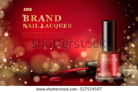 Red nail lacquer ads, glossy bottle with golden glittering particles on red background. 3D illustration. Red nail lacquer ads, glossy bottle with golden glittering particles on red background. 3D illustration.