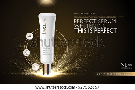 Perfect serum ads, white tube packaging isolated on dark background with sparkling elements, 3D illustration Perfect serum ads, white tube packaging isolated on dark background with sparkling elements, 3D illustration