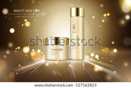 Skin care cosmetic ads, glossy bottle packaging for design with sparkling and bokeh background, 3D illustration Skin care cosmetic ads, glossy bottle packaging for design with sparkling and bokeh background, 3D illustration