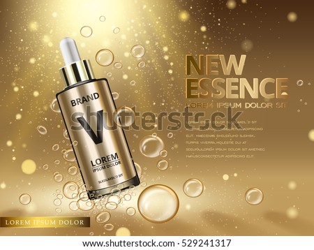 essence contained in golden droplet bottle with bubble elements golden background, 3d illustration essence contained in golden droplet bottle with bubble elements golden background, 3d illustration