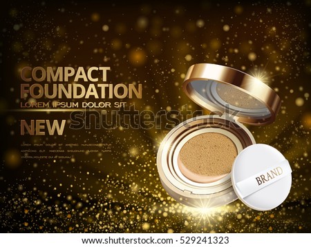 foundation product ad with glittering golden dusts fills the air, 3d illustration foundation product ad with glittering golden dusts fills the air, 3d illustration