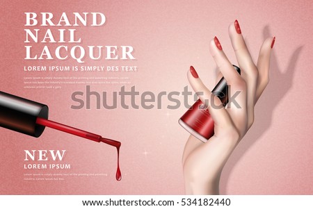 delicate hand, colorful elements and nail lacquer bottles on pink background, 3d illustration delicate hand, colorful elements and nail lacquer bottles on pink background, 3d illustration