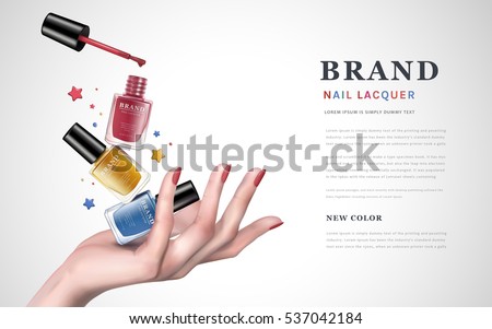 delicate hand up with tricolor stars and several nail lacquer bottles, white background, 3d illustration delicate hand up with tricolor stars and several nail lacquer bottles, white background, 3d illustration