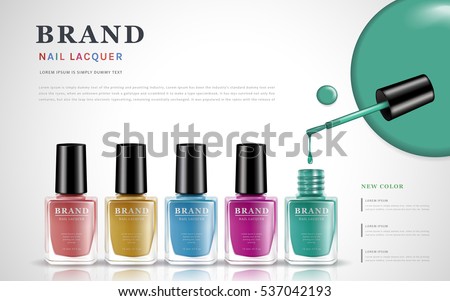 various colors of nail lacquers, contained in transparent bottles on white background, 3d illustration various colors of nail lacquers, contained in transparent bottles on white background, 3d illustration