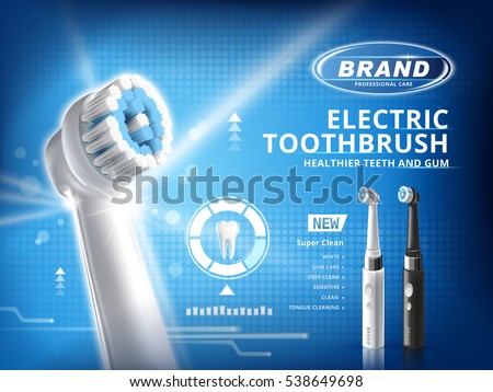 Electric toothbrush ads, different mode of this product with white tooth model on blue background in 3d illustration, black and white brushes for choice Electric toothbrush ads, different mode of this product with white tooth model on blue background in 3d illustration, black and white brushes for choice