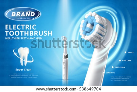 Electric toothbrush ads, different mode of this product with white tooth model on blue background in 3d illustration Electric toothbrush ads, different mode of this product with white tooth model on blue background in 3d illustration