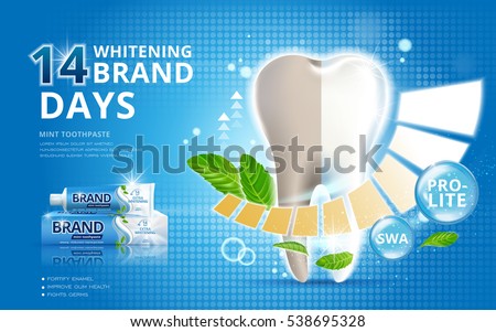 Whitening toothpaste ads, before and after effect on your teeth isolated on blue background in 3d illustration Whitening toothpaste ads, before and after effect on your teeth isolated on blue background in 3d illustration