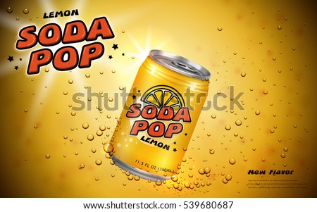 Lemon soda pop ads, soft drink poster design with container and bubbles in yellow tone, 3d illustration Lemon soda pop ads, soft drink poster design with container and bubbles in yellow tone, 3d illustration
