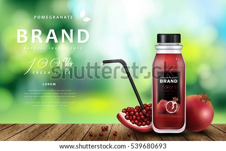 Pomegranate juice ads, delicious juice on wooden table isolated on bokeh background, 3d illustration Pomegranate juice ads, delicious juice on wooden table isolated on bokeh background, 3d illustration