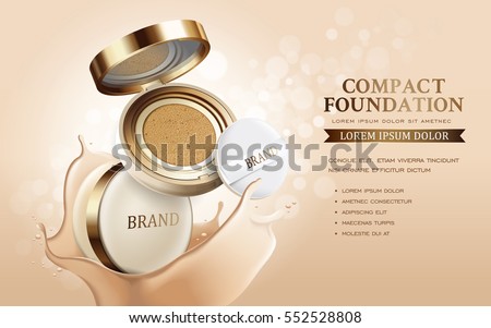 Compact foundation ads, attractive makeup essential product with texture isolated on glitter bokeh background, 3d illustration Compact foundation ads, attractive makeup essential product with texture isolated on glitter bokeh background, 3d illustration