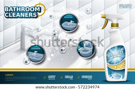 Bathroom cleaners ads, spray bottle with detergent liquid used for bathroom in 3d illustration, bubbles floating in the air Bathroom cleaners ads, spray bottle with detergent liquid used for bathroom in 3d illustration, bubbles floating in the air