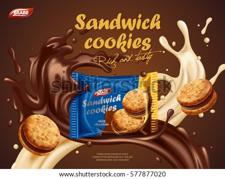 Sandwich cookies ads, milk chocolate flavor with tasty liquid twisted in the air and package in the middle in 3d illustration Sandwich cookies ads, milk chocolate flavor with tasty liquid twisted in the air and package in the middle in 3d illustration