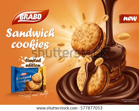 Sandwich chocolate cookies ad, flowing chocolate with cookies and nuts element, biscuit package design on orange background with glowing effect in 3d illustration Sandwich chocolate cookies ad, flowing chocolate with cookies and nuts element, biscuit package design on orange background with glowing effect in 3d illustration