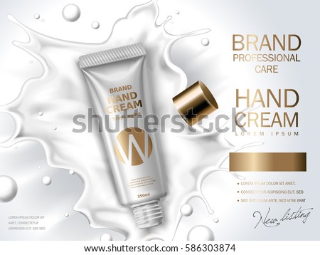 hand cream contained in cosmetic tube, white milk background, 3d illustration hand cream contained in cosmetic tube, white milk background, 3d illustration