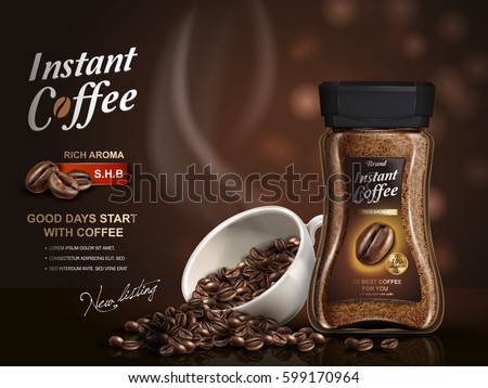 instant coffee ad, with coffee bean elements, bokeh background, 3d illustration instant coffee ad, with coffee bean elements, bokeh background, 3d illustration