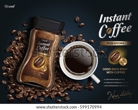 instant coffee ad, with coffee bean elements, navy blue background, 3d illustration instant coffee ad, with coffee bean elements, navy blue background, 3d illustration