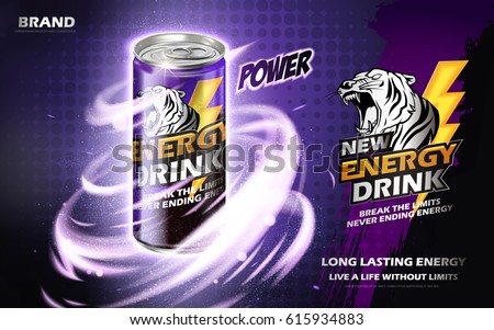 energy drink contained in metal can with mysterious twister element, purple background 3d illustration energy drink contained in metal can with mysterious twister element, purple background 3d illustration