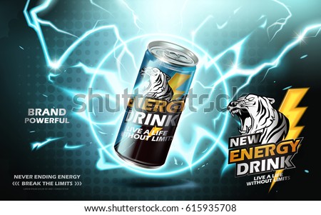 energy drink contained in metal can with electricity ring element, teal background 3d illustration energy drink contained in metal can with electricity ring element, teal background 3d illustration