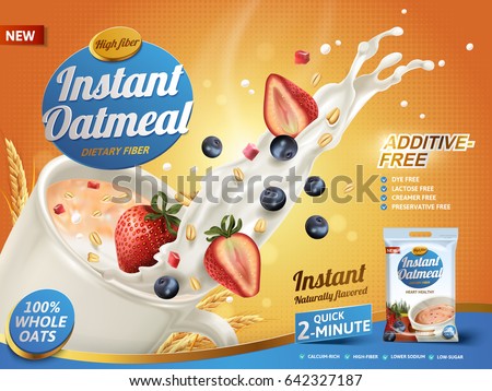 oatmeal ad, with milk splashing and mixed berries, 3d illustration oatmeal ad, with milk splashing and mixed berries, 3d illustration