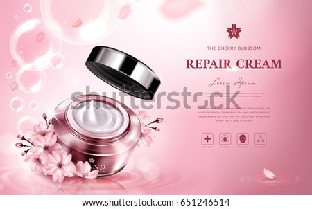 cherry blossom repair cream contained in a jar, with romantic flowers and bubbles, pink background 3d illustration cherry blossom repair cream contained in a jar, with romantic flowers and bubbles, pink background 3d illustration