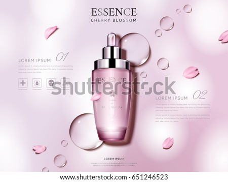 cherry blossom essence contained in a droplet bottle, with flower petals, pink background 3d illustration cherry blossom essence contained in a droplet bottle, with flower petals, pink background 3d illustration