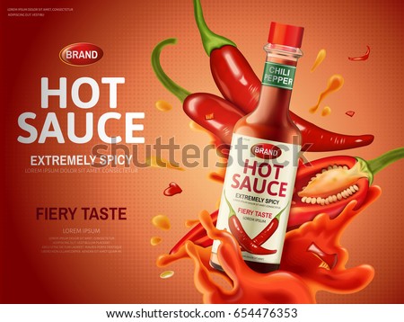 hot sauce ad with many red chili peppers and sauce elements, red background, 3d illustration hot sauce ad with many red chili peppers and sauce elements, red background, 3d illustration
