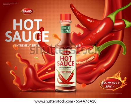 hot sauce ad with a lot of red chili peppers red sauce elements, red background, 3d illustration hot sauce ad with a lot of red chili peppers red sauce elements, red background, 3d illustration